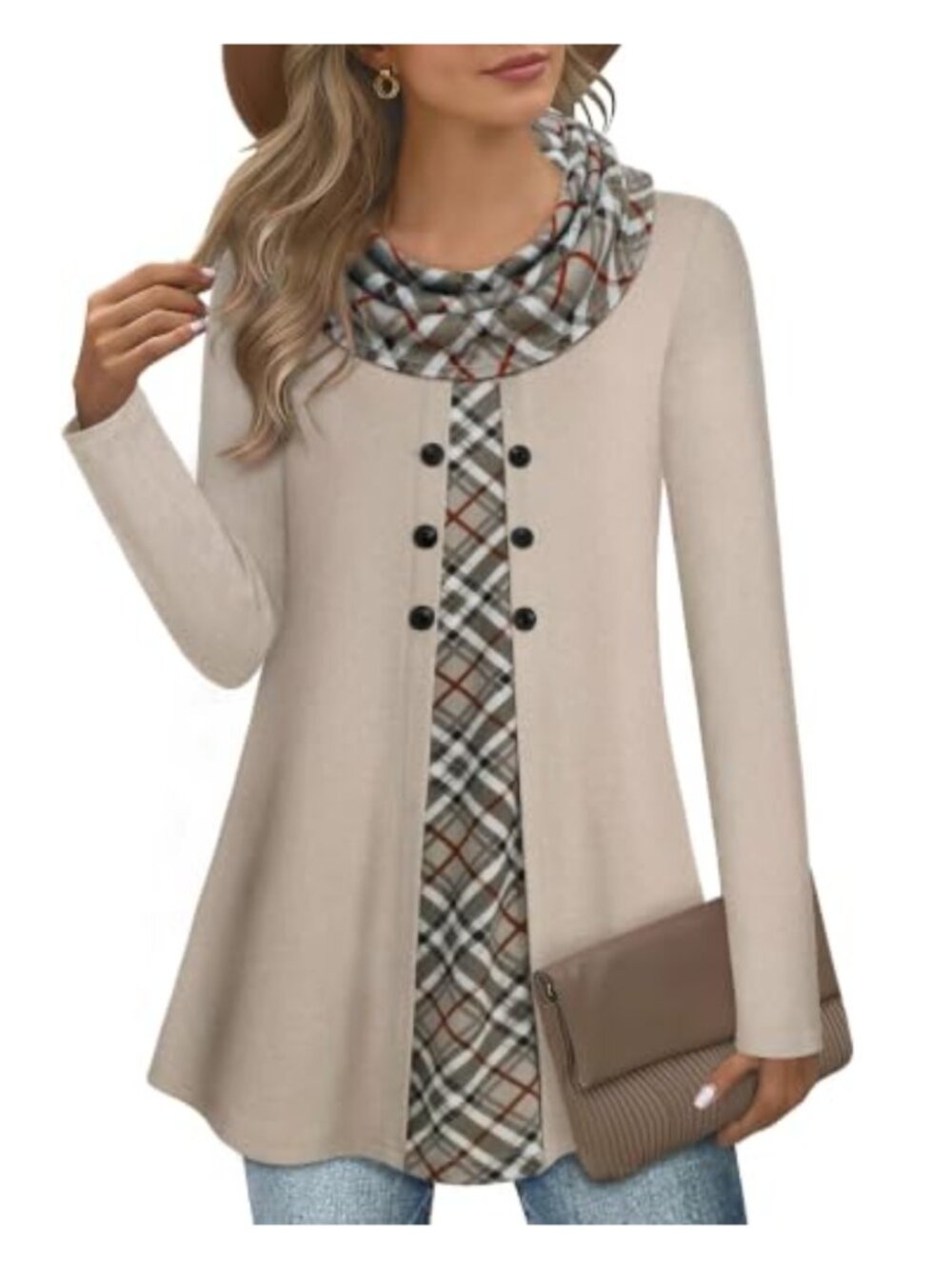 Women Long Sleeve Cowl Neck Sweatshirt Tunic Pullover with Buttons